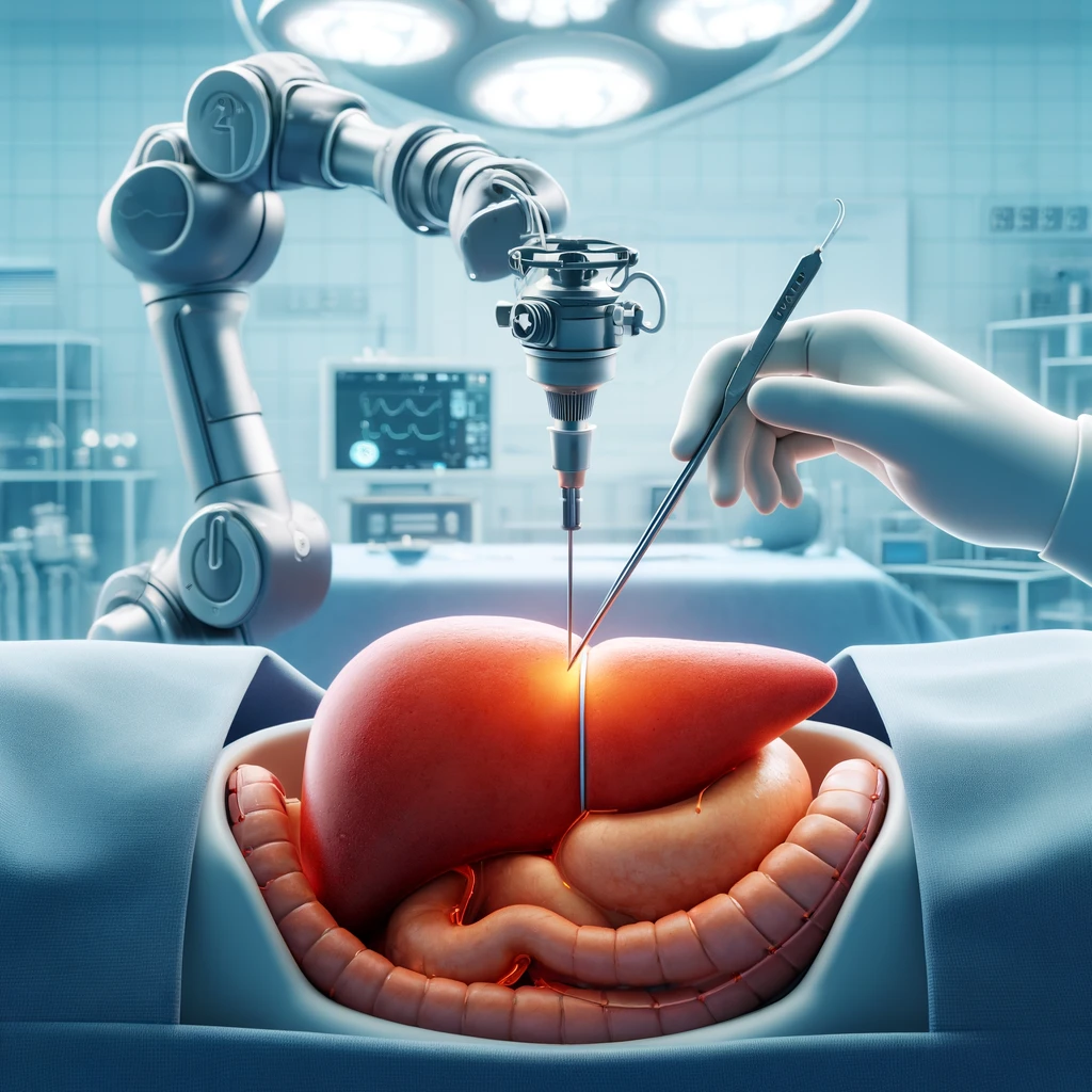 DALL·E 2024 05 28 06.26.30 An illustration of a surgical scene focusing on the liver. The scene shows a minimally invasive laparoscopic liver resection being performed by a robo 1