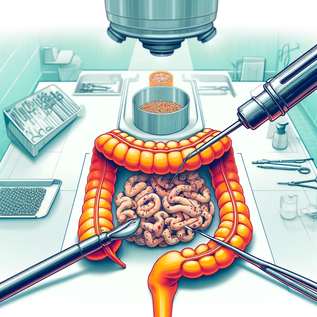 DALL·E 2024 05 28 06.44.12 An illustration of a surgical scene focusing on the small intestine. The scene shows minimally invasive surgery MIS being performed on the ileal neu