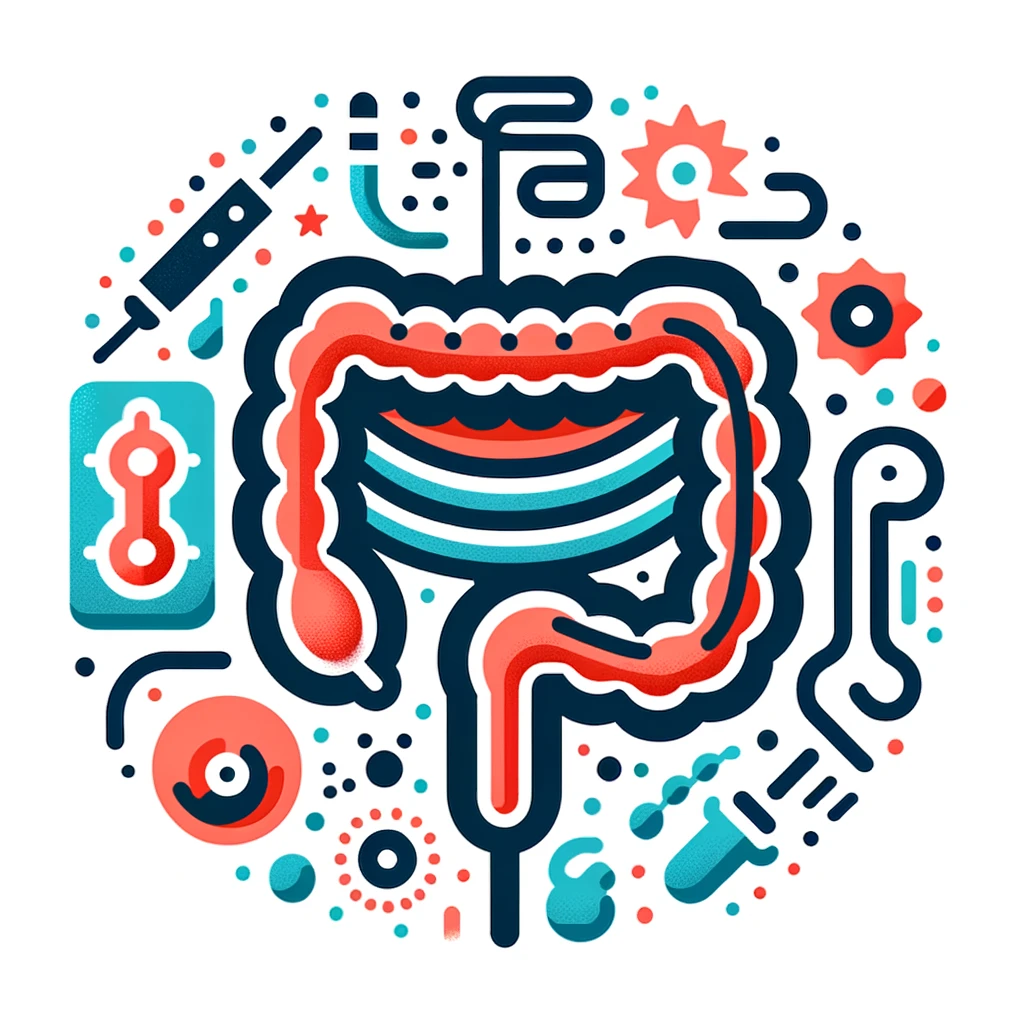 DALL·E 2024 05 29 08.08.57 A simplified illustration related to colon cancer treatment with endoscopy. The image features a large colon icon in the center surrounded by small a