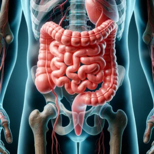 DALL·E 2024 06 05 06.48.36 An image of a human gastrointestinal system highlighting the small intestine. The background is predominantly FE7C55 with no text or symbols