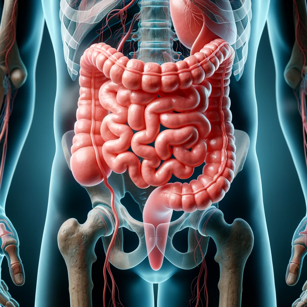 DALL·E 2024 06 05 06.48.36 An image of a human gastrointestinal system highlighting the small intestine. The background is predominantly FE7C55 with no text or symbols