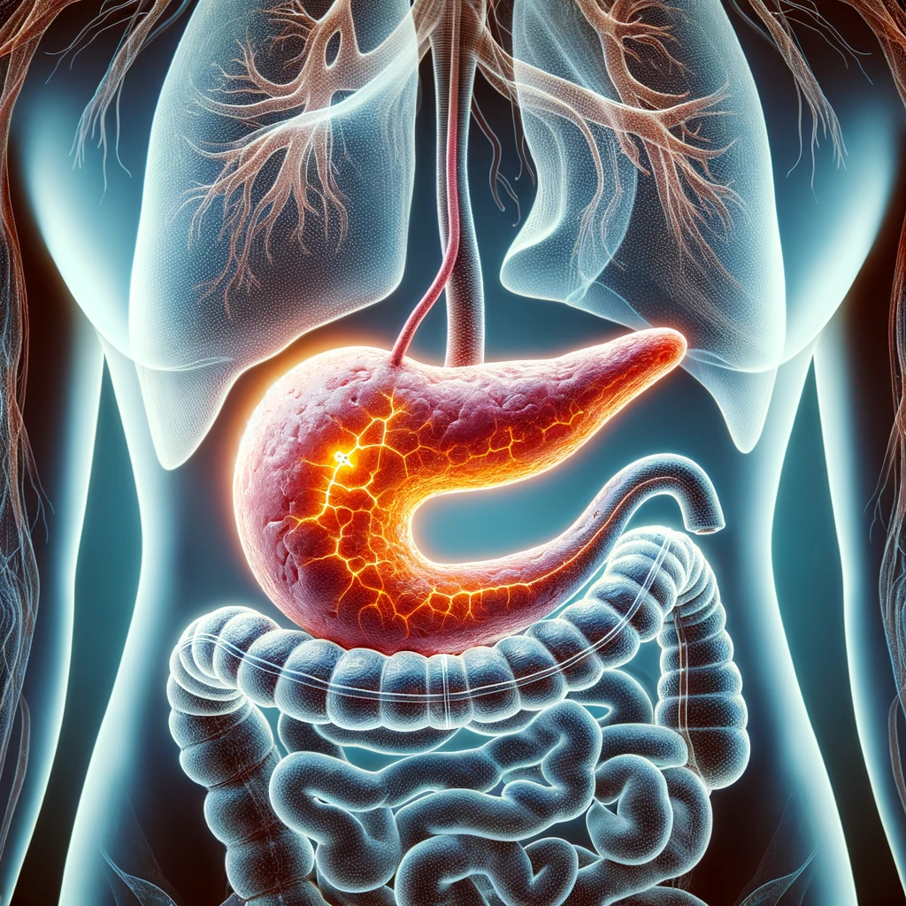DALL·E 2024 06 05 06.58.36 An image of a human pancreas highlighting the site of pancreatectomy. The background is predominantly FE7C55 with no text or symbols