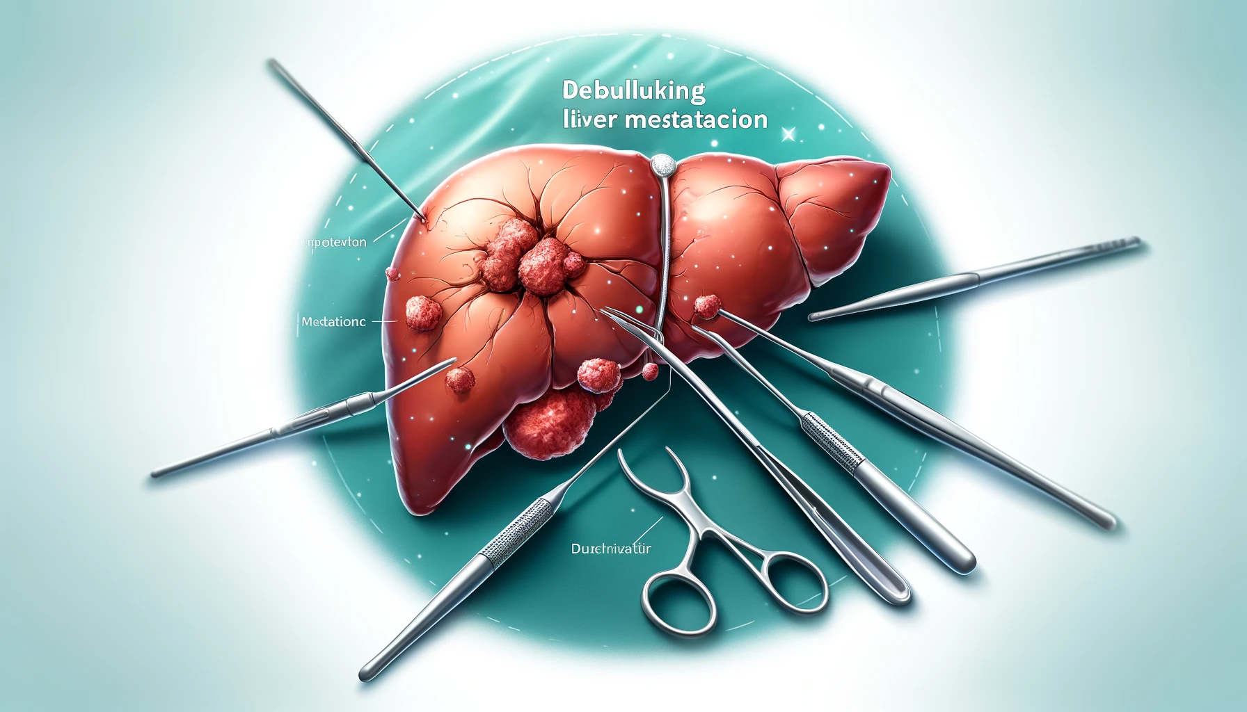 DALL·E 2024 06 09 18.45.40 An illustration of the liver showcasing a debulking hepatectomy procedure for colorectal liver metastasis CRLM. The image highlights the liver with