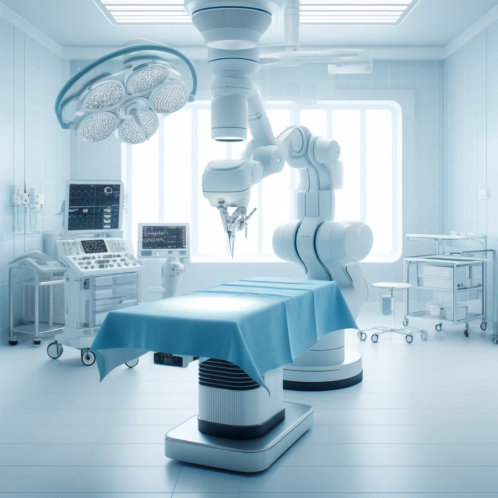 DALL·E 2024 06 10 08.49.42 A modern sterile operating room with a robotic surgical system. The robotic arm is positioned over an operating table ready for surgery. The room is